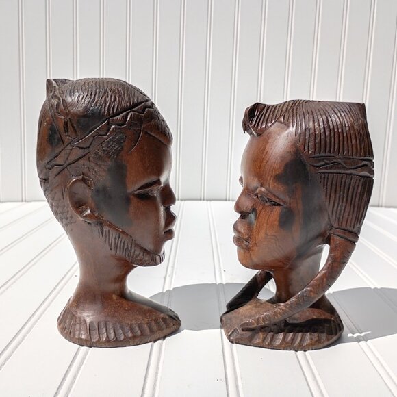 Tribal Face Sculptures Bookends Ironwood Statues Native African Hand Carved MCM - Picture 6 of 11